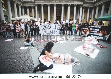 MILAN, ITALY - SEPTEMBER 26: 269 Life  manifestation on September 26, 2013. Animal right association \'269 Life\' protest against vivisection, animals right, meat nutrition and production