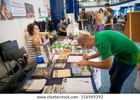 MILAN, ITALY - SEPTEMBER 28: Vegan Fest on September 28, 2013. Thousands of people visited the fair Miveg where were presented vegan biological products, vegan cook and animal rights convention