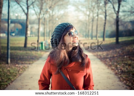 beautiful woman red coat winter