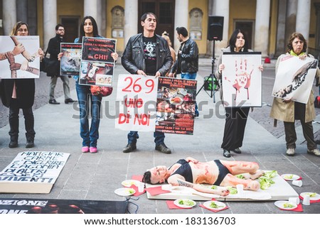MILAN, ITALY - MARCH 21: 269 Life protest on March 21, 2014. Animal rights association '269 Life' portest against vivisection, animals right, meat nutrition and production