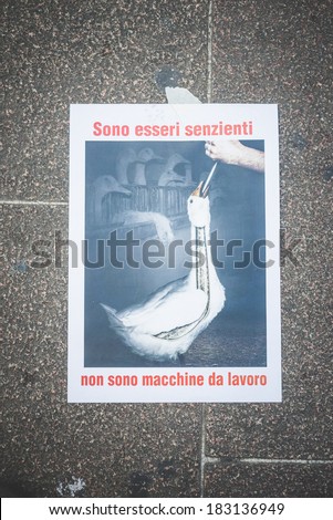 MILAN, ITALY - MARCH 21: 269 Life protest on March 21, 2014. 269 life italy posters representing abused animals against animal massacres for our  nutrition