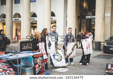 MILAN, ITALY - MARCH 21: 269 Life protest on March 21, 2014. Animal rights association \'269 Life\' portest against vivisection, animals right, meat nutrition and production