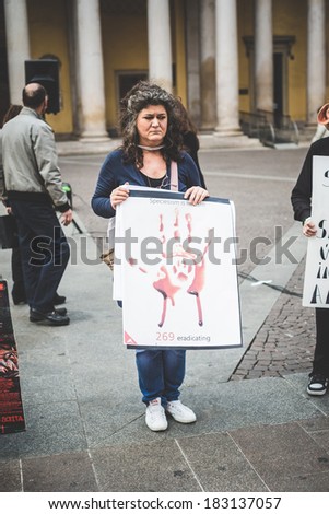 MILAN, ITALY - MARCH 21: 269 Life protest on March 21, 2014. Animal rights association \'269 Life\' portest against vivisection, animals right, meat nutrition and production