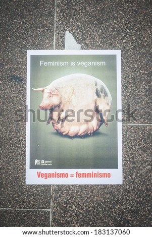 MILAN, ITALY - MARCH 21: 269 Life protest on March 21, 2014. 269 life italy posters representing abused animals against animal massacres for our  nutrition