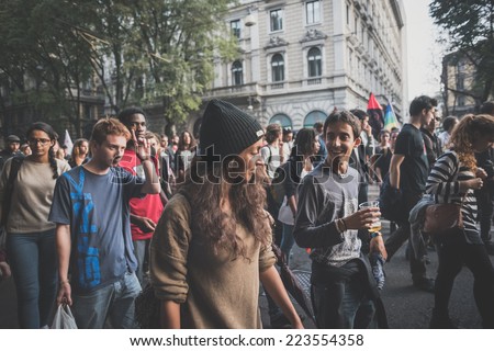 MILAN, ITALY - OCTOBER 11: demonstration held in Milan october 11, 2014. People took streets to protest against Milan expo to be held in 2015, event important worldwide.