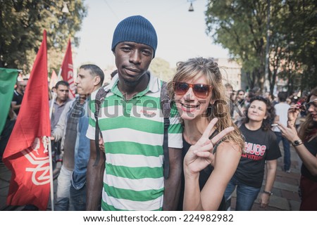 MILAN, ITALY - OCTOBER 18: manifestation held in Milan october 18, 2014. People took streets to protest against racism, war and against lega nord, right wing politic italian movement