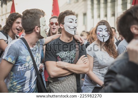 MILAN, ITALY - OCTOBER 18: A manifestation held in Milan october 18, 2014. People took to the streets to protest against racism, war and against Lega Nord, an Italian right wing political movement.
