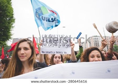MILAN, ITALY - MAY 05: Students manifestation held in Milan on May, 5 2015. Students and teachers took to the streets to protest against new laws on education by minister Stefania Giannini