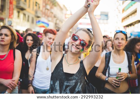 MILAN, ITALY - JUNE 27: gay pride parade in which thousand of people took the street to protest for their legal rights on JUNE 27, 2015 in Milan