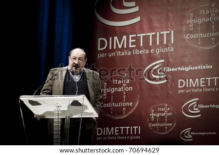 MILAN, ITALY - FEBRUARY 05: demonstration held in Milan Palasharp February 05, 2011. Umberto Eco speaks about italian political problem related to berlusconi government to thousands of people