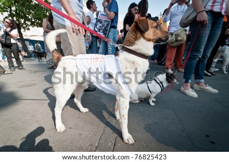 MILAN, ITALY - MAY 8: A group of dog lovers and their pets attend a demonstration against 