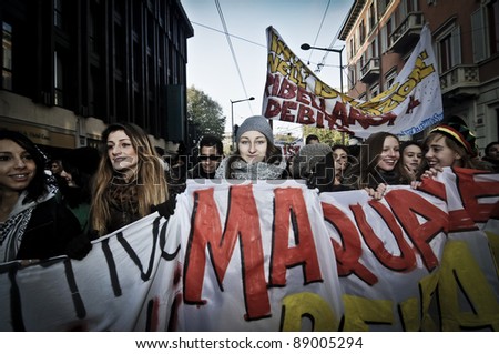 MILAN, ITALY - NOVEMBER 17: protest against economic crisis in Milan november 17, 2011. Students manifests in the streets against the economic crisis and against the banks