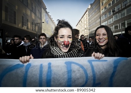 MILAN, ITALY - NOVEMBER 17: protest against economic crisis in Milan november 17, 2011. Students manifests in the streets against the economic crisis and against the banks