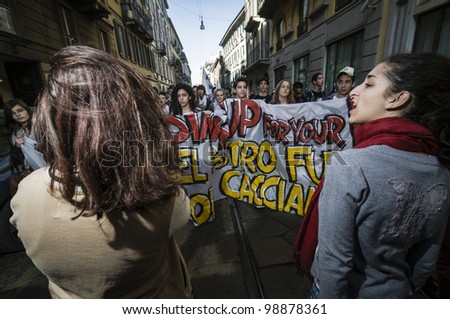 MILAN, ITALY - MARCH 30: Student manifestation held in Milan on March, 30 2012. Students protests against Monti government and banks.