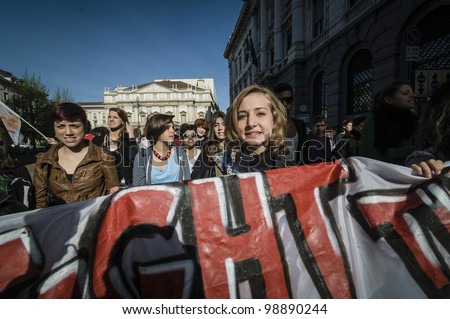 MILAN, ITALY - MARCH 30: Student manifestation held in Milan on March, 30 2012. Students protests against Monti government and banks.