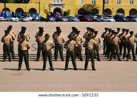 New Marines standing at parade rest with Drill Instructors for graduation, August 31, 2007.