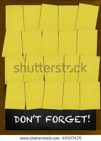 Do not forget text on a blackboard covered with yellow notes