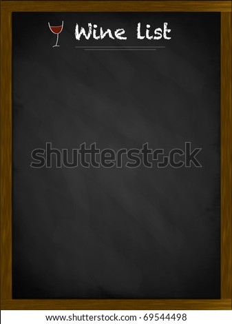 Wine list on a framed blackboard with small glass illustration
