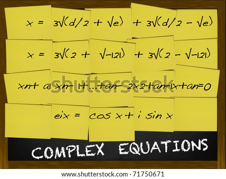 Complex Equation written on yellow notes covering a blackboard