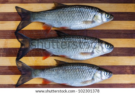 Fresh fishes on wooden cutting board