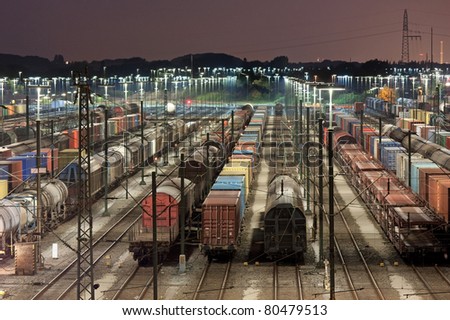 Freight train station at night in Maschen near Hamburg, it is the biggest marshalling yard in Europe.