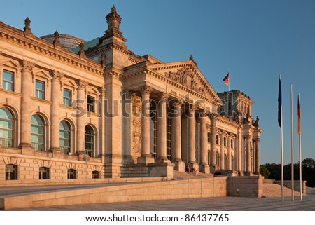 Reichstag building in Berlin in evening light. The Reichstag is the meeting place of the Bundestag, the German parliament.