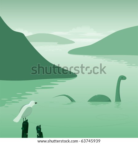 An illustration of a lake landscape with a cute lake monster and a curious seagull.