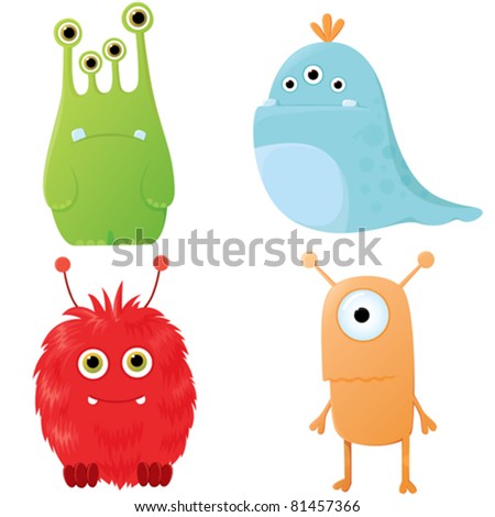 A Set Of Cute Cartoon Monsters Showing Different Emotions. Stock Vector