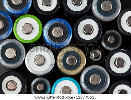 Close up of a batch od batteries, top view