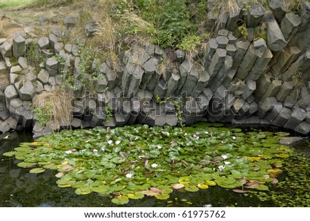 Pond with water lilies under the basalt columns resulting from the excavated pit is filled with rainwater.