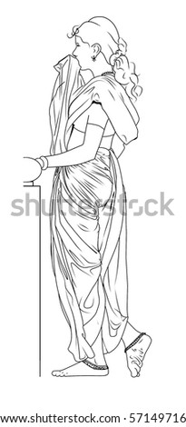 drawing of young beautiful Indian woman with saree standing(side-view) near a bed.