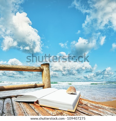Book with a seashell on the bamboo chair at the beach. Square composition.