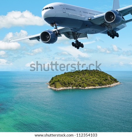 Jet plane over the tropical island. Square composition.