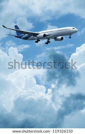 Jet plane above the clouds. Vertical composition.