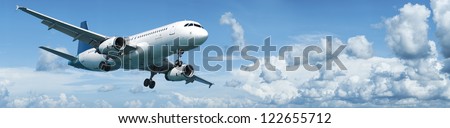 Jet plane in flight. Panoramic composition.