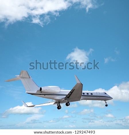 Private jet in a sky is maneuvering for landing. Square composition.