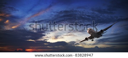 Jet aircraft cruising at sunset. Panoramic composition.