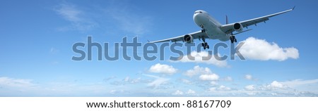 Jet plane in flight. Panoramic composition in high resolution.