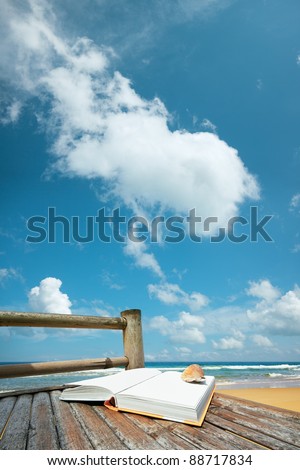 Book with a seashell on the bamboo chair at the beach. Vertical composition.
