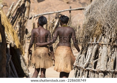 Women of Damara people in cultural village in Damaraland district in Namibia, South Africa