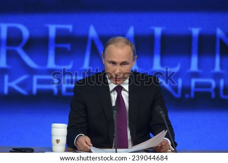 MOSCOW, RUSSIA - DEC 18: The President of the Russian Federation Vladimir Vladimirovich Putin an annual press conference in Center of international trade in Moscow on 18 of December 2014, Russia
