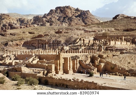 View of The Great Temple and Arched Gate in ancient city Petra, Jordan