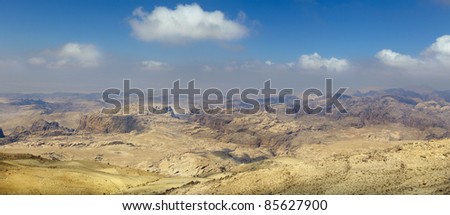 panoramic view of desert and mountains near Petra ancient city, Jordan