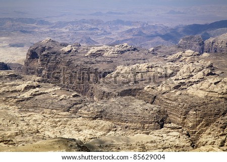 panoramic view of desert and mountains near Petra ancient city, Jordan