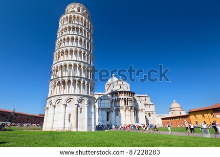 View of Leaning tower and the Basilica, Piazza dei miracoli, Pisa, Italy
