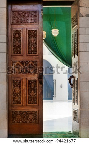 Islamic carved door in the mosque in downtown of Cairo city, Egypt