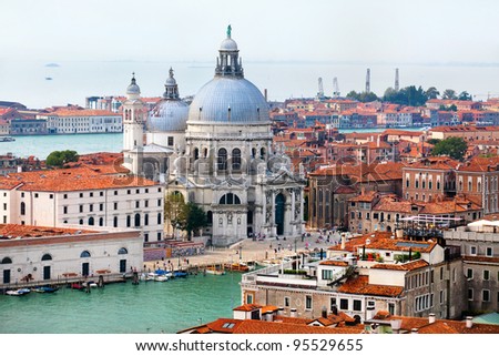 Aerial view of the Basilica of Santa Maria della Salute in center of Venice, Italy