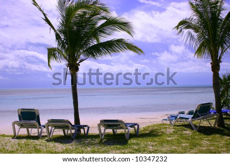 Palm trees and lounge chairs on the beach of an island
