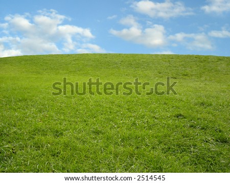 Rolling green hill against blue sky.