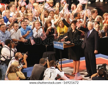 DAYTON OHIO - AUGUST 29 : McCain and Palin wave to crowd in Dayton Ohio August 29, 2008 at WSU Nutter Center.
